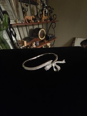Crystal Bow Silver-Tone Bangle Bracelet - Women's Jewelry